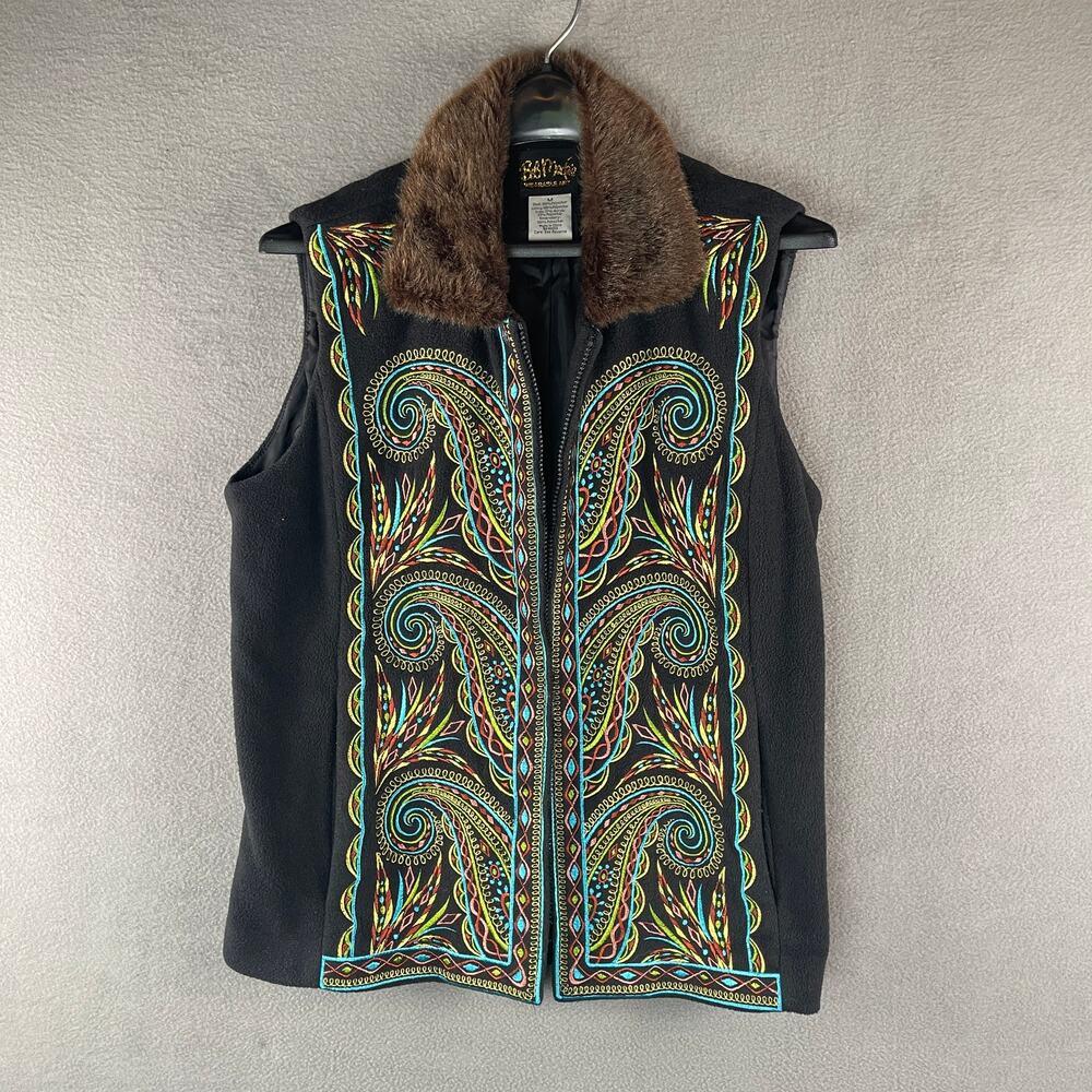 Bob Mackie Wearable Art Black Embroidered Vest Faux Fur Collar Women's Medium